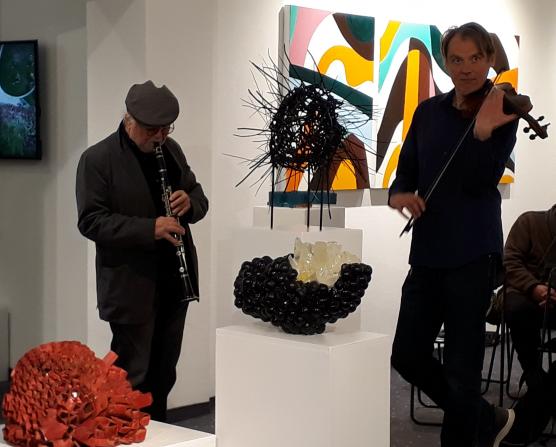 musicians playing at the opening event of Textures of Place exhibition, Inselgalerie, Berlin