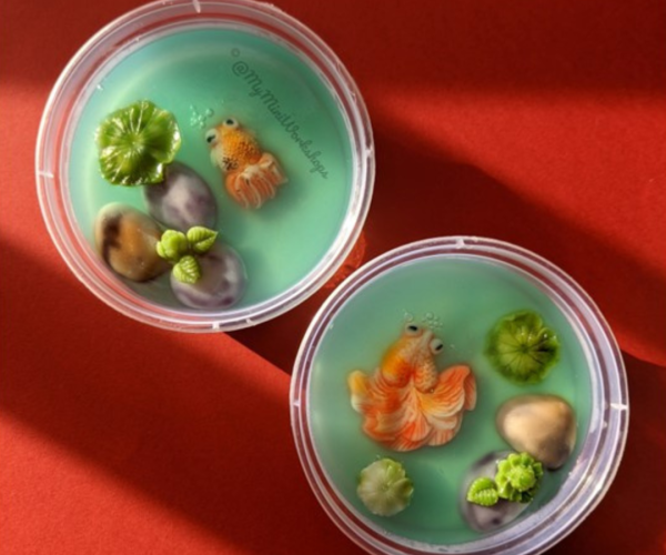 Koi Fishpond Jellies in bowls against a red background