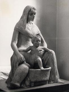 Terracotta sculpture of "Mary Bathing Child" by Josefina de Vasconcellos in Blackburn Cathedral