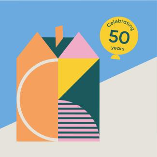 Abstract graphic of Dora House with balloon that reads 'Celebrating 50 Years'