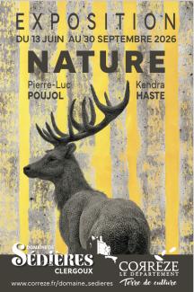 Poster advertising Nature exhibition depicting Kendra Haste’s sculpture of a red stag with an abstract painting by Pierre-Luc Poujol.