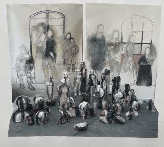 On The Verge. Ceramics and pastel on paper, a work in progress