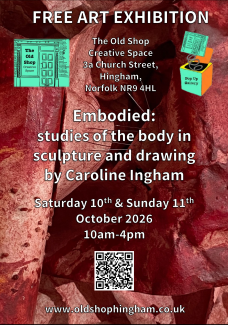 Detail of deep red work with the exhibition title, dates, times and address printed over it