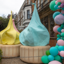 Giant yellow and blue iced gem sculptures