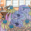 Colourful flower sculpture in front of Dora Hosue