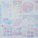 Image shows sketches in red and blue for concept for interactive artwork puzzle
