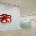 Facets at Kings Place on the Mezzanine Floor. Fron Left to right: Red, Petrified, Yellow Cracked Earth, steel wall sculptures from mid nineties