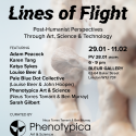 Exhibition poster for Lines of Flight: Post-Humanist Perspectives Through Art, Science & Technology at BLEUR Gallery, London. The background shows a close-up of soft, pale sculptural forms resembling organic or bodily shapes, artwork by Katya Sykes. The poster lists featured artists: Adam Peacock, Karen Tang, Katya Sykes, Louise Beer, Pale Blue Dot Collective, Phenotypica Art & Science, and Sarah Gilbert. Private view 28 January, exhibition runs 29 January – 11 February 2026