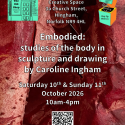 Detail of deep red work with the exhibition title, dates, times and address printed over it