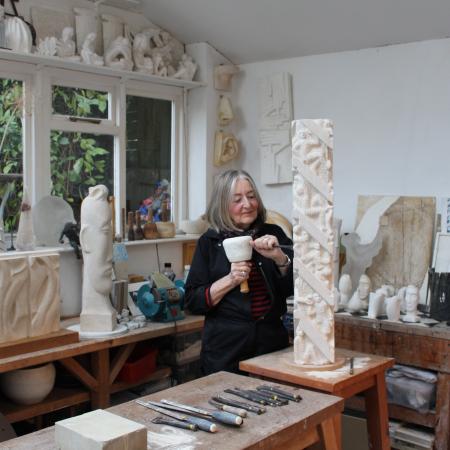 Glynis Owen FRSS sculpting in her studio in Hampstead
