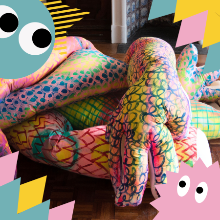 Image of fabric sculpture of colourful monster limbs